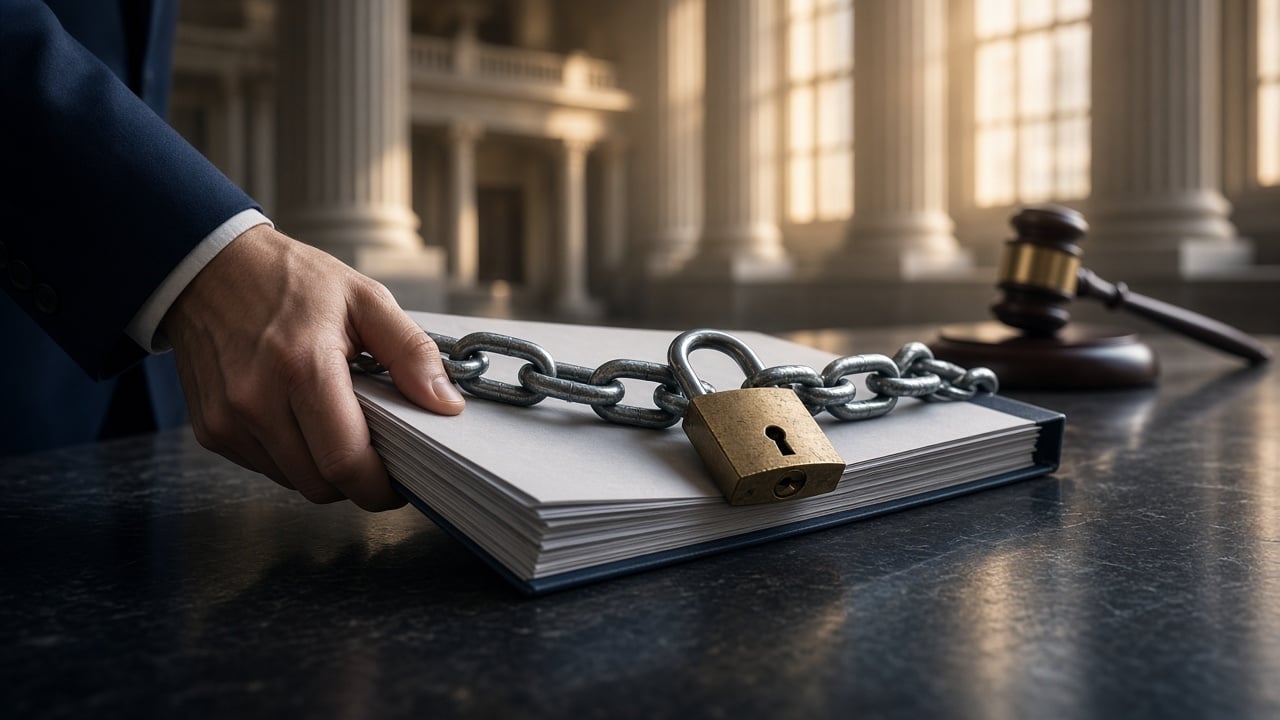 Bank executive pulling a one-sided vendor contract free of a chain and padlock, with a government building in the background.